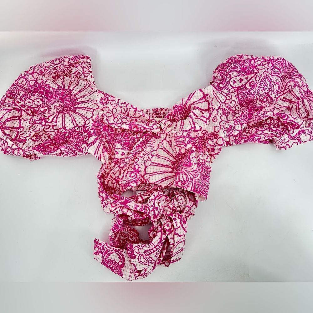 Anthropologie Pink & White Printed Puff-Sleeve Cropped Top - Picture 4 of 10
